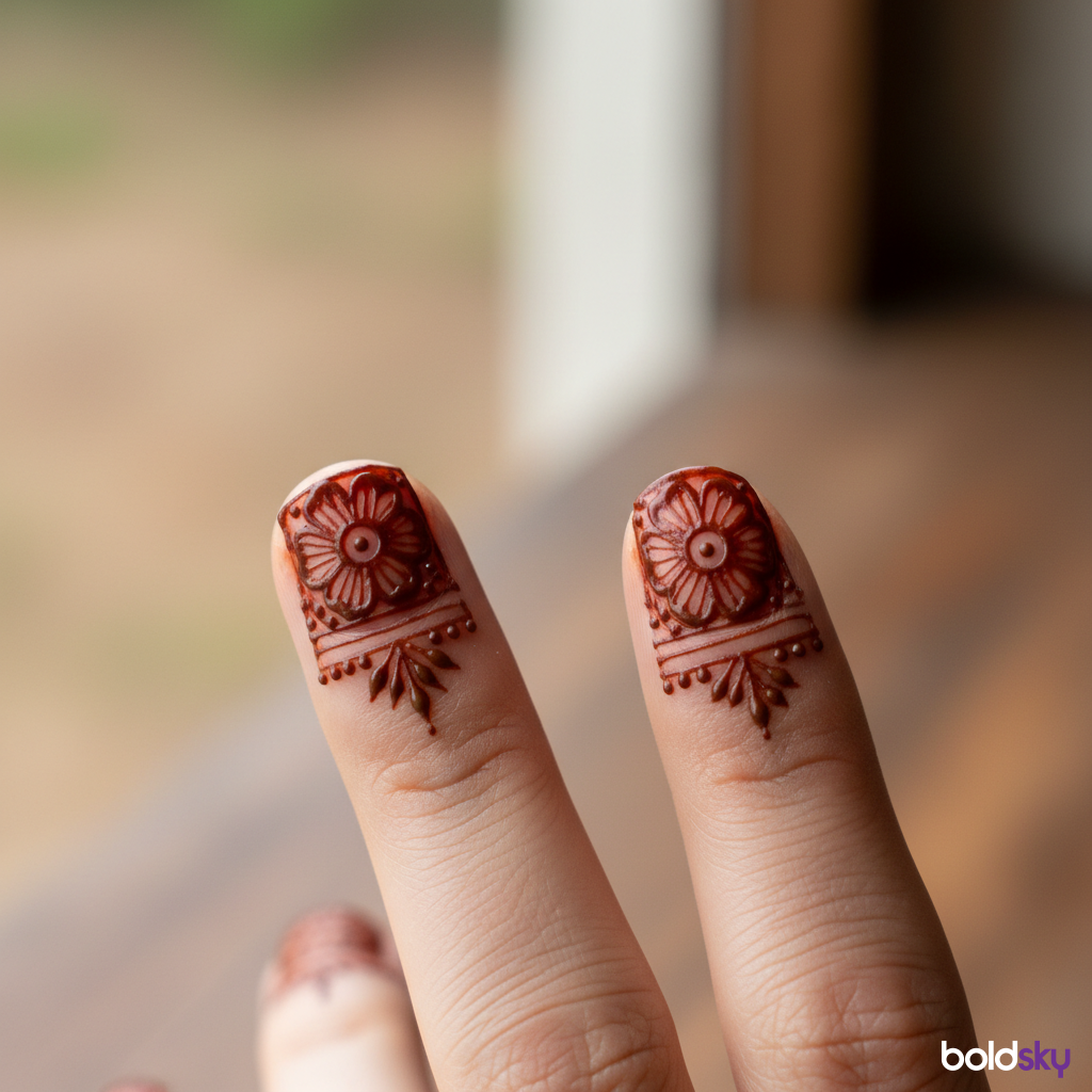 Right hand fingertips intricate mehndi caps.