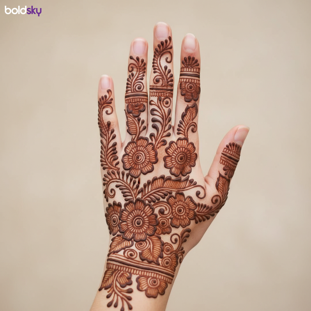 Back of left hand floral vine mehndi.