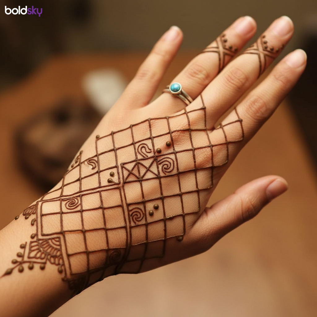 Back of left hand geometric jaali mehndi.