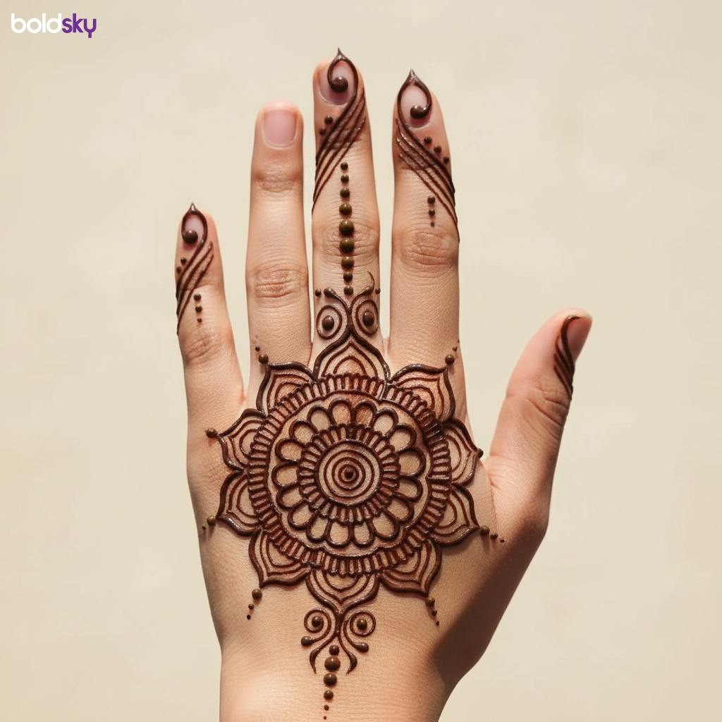 Left hand mandala and finger trails mehndi.