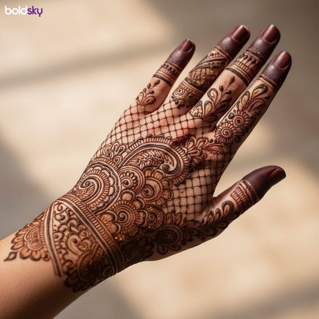 Left hand dense bridal back mehndi.