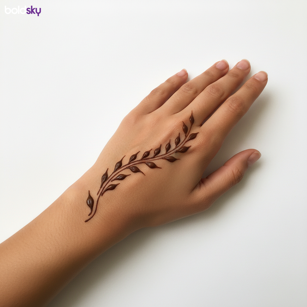 Left hand minimalist vine leaf mehndi.