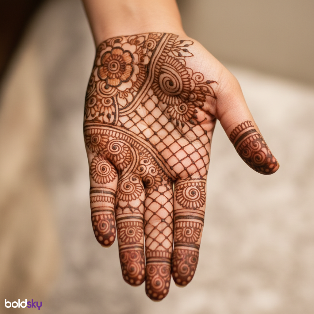 Left hand front finger mehndi close-up