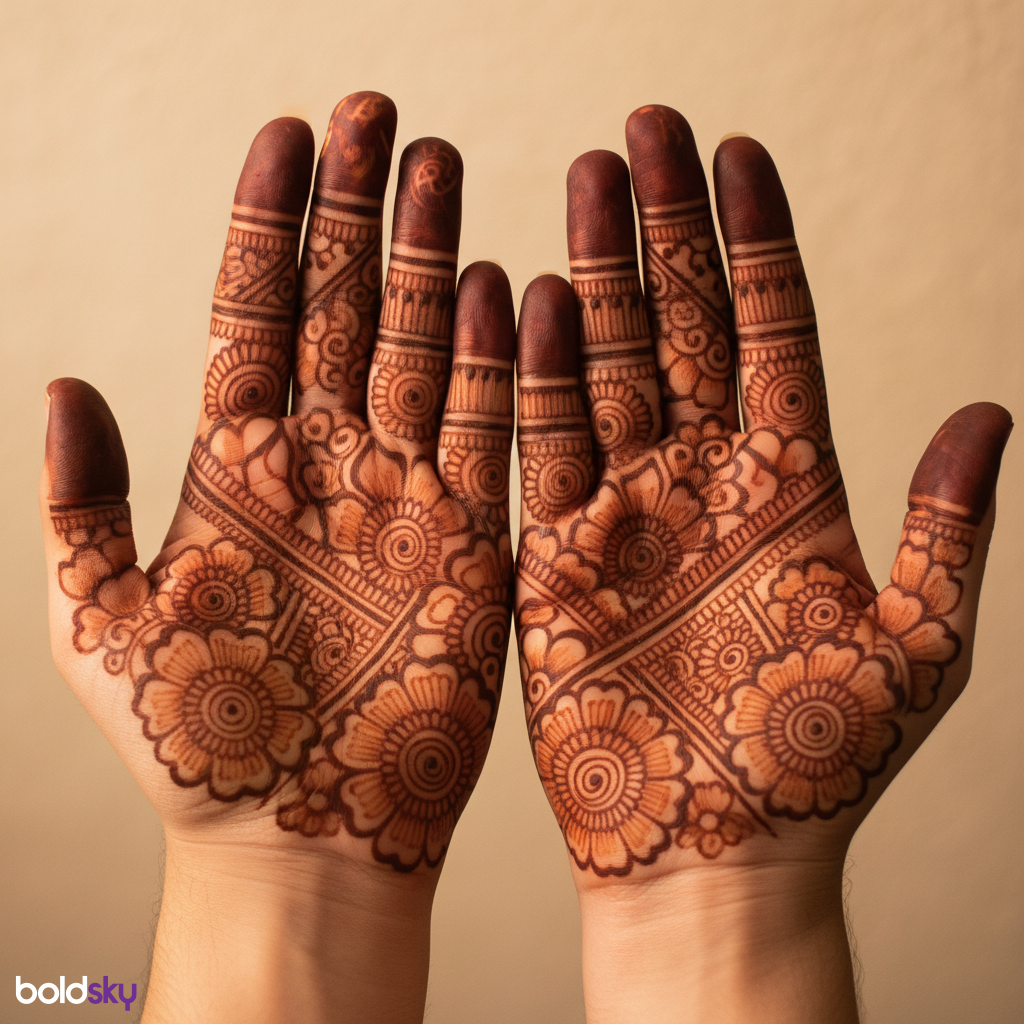 Both hands front finger mehndi symmetry