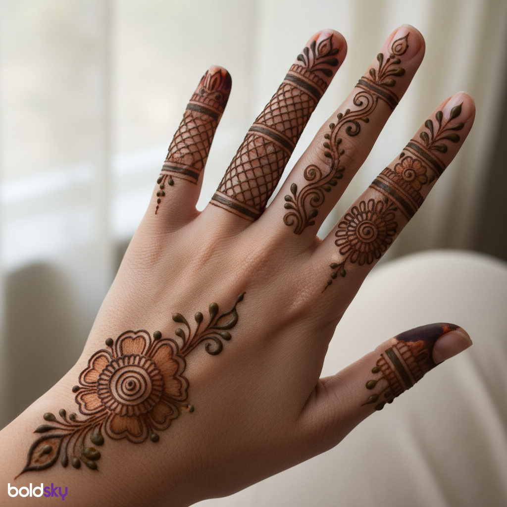 Left hand back finger mehndi detail