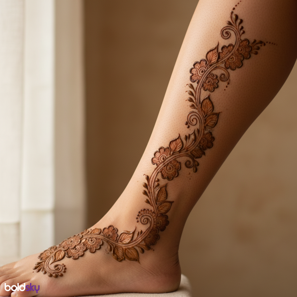 Elegant floral vine mehndi on lower leg