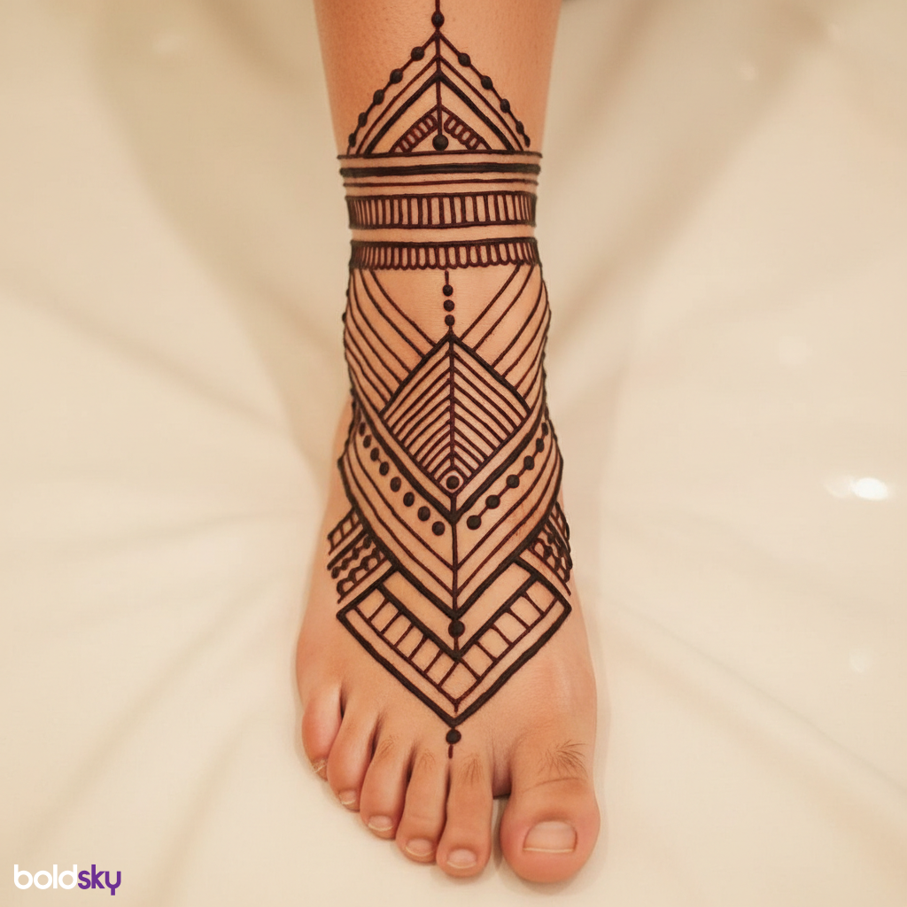 Geometric banded mehndi on foot and ankle