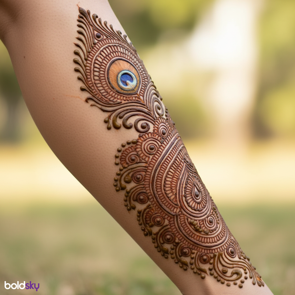 Peacock feather mehndi on lower leg