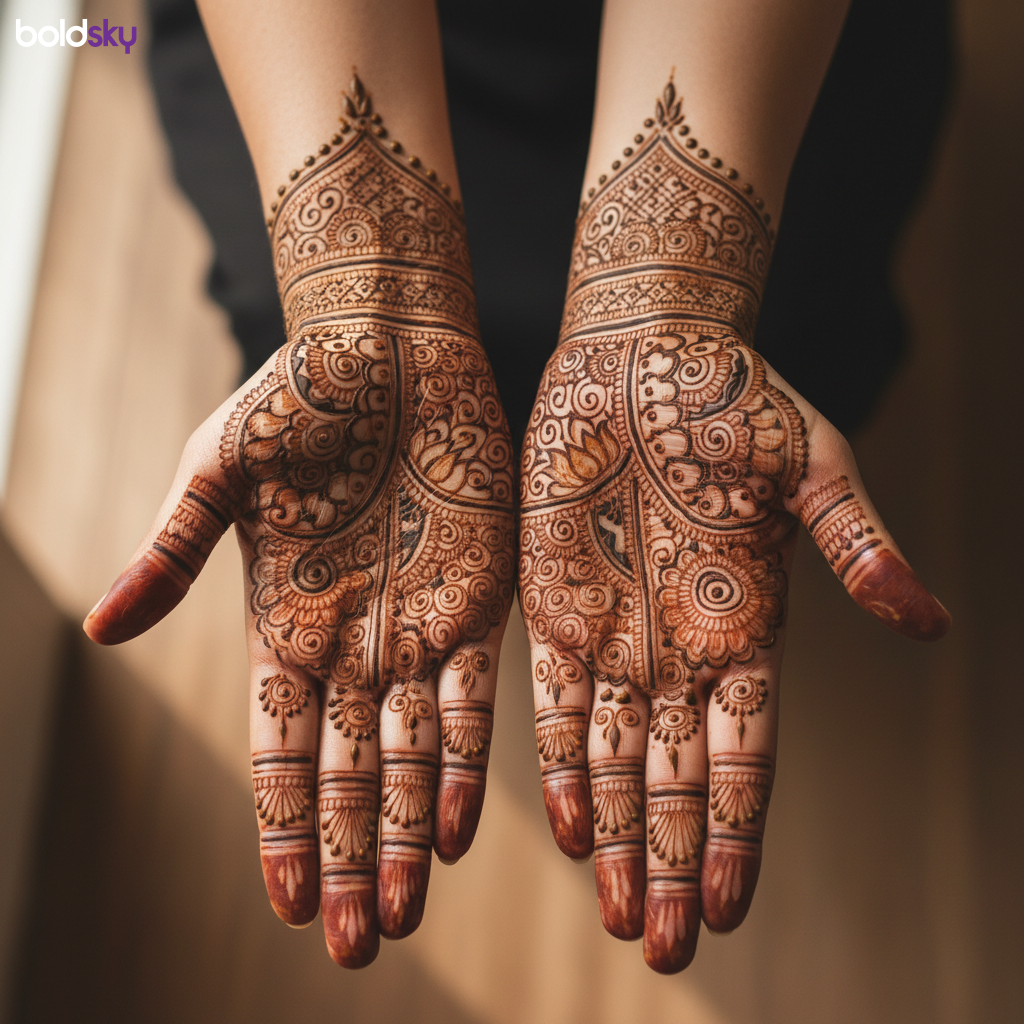 Close-up both palms intricate floral mehndi