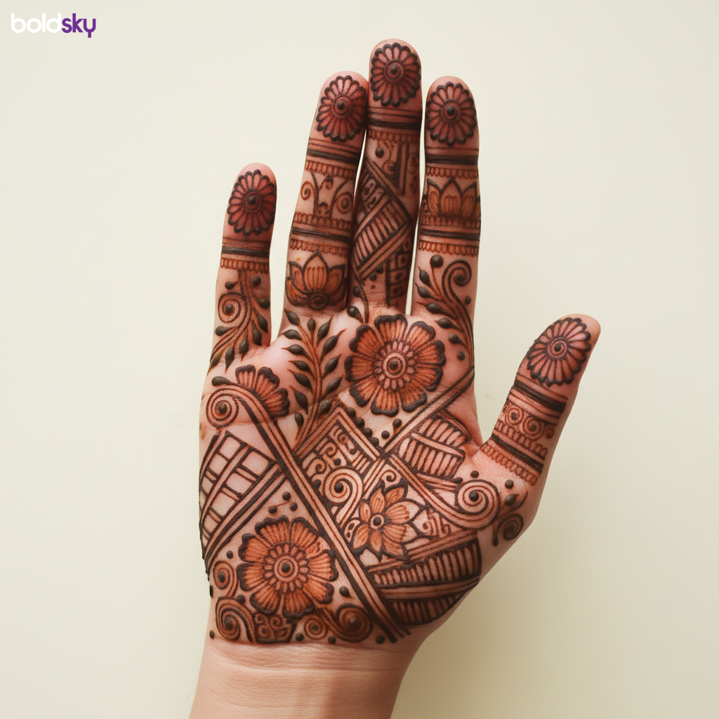 Right palm geometric floral mehndi