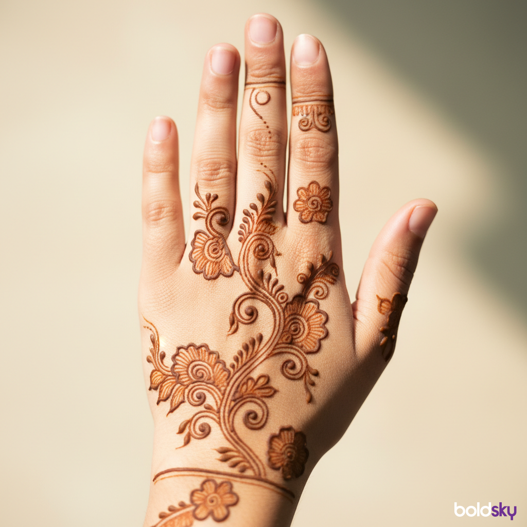 Back of left hand floral vine mehndi.