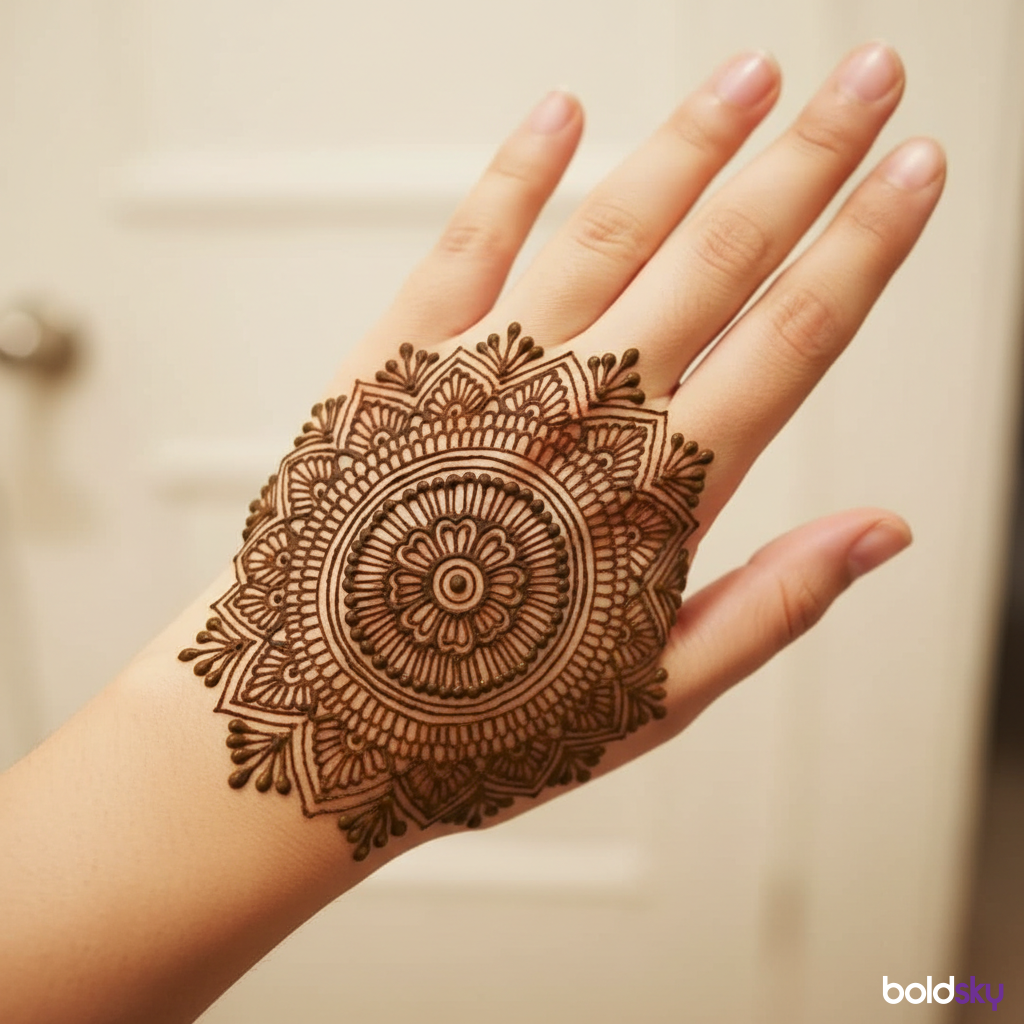 Left hand back central mandala mehndi.