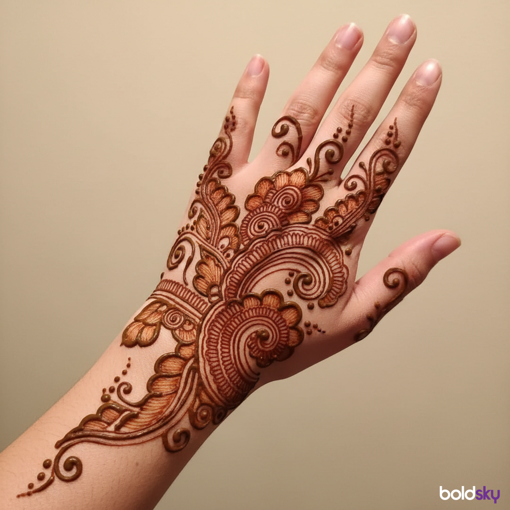 Left hand back paisley leaf mehndi.