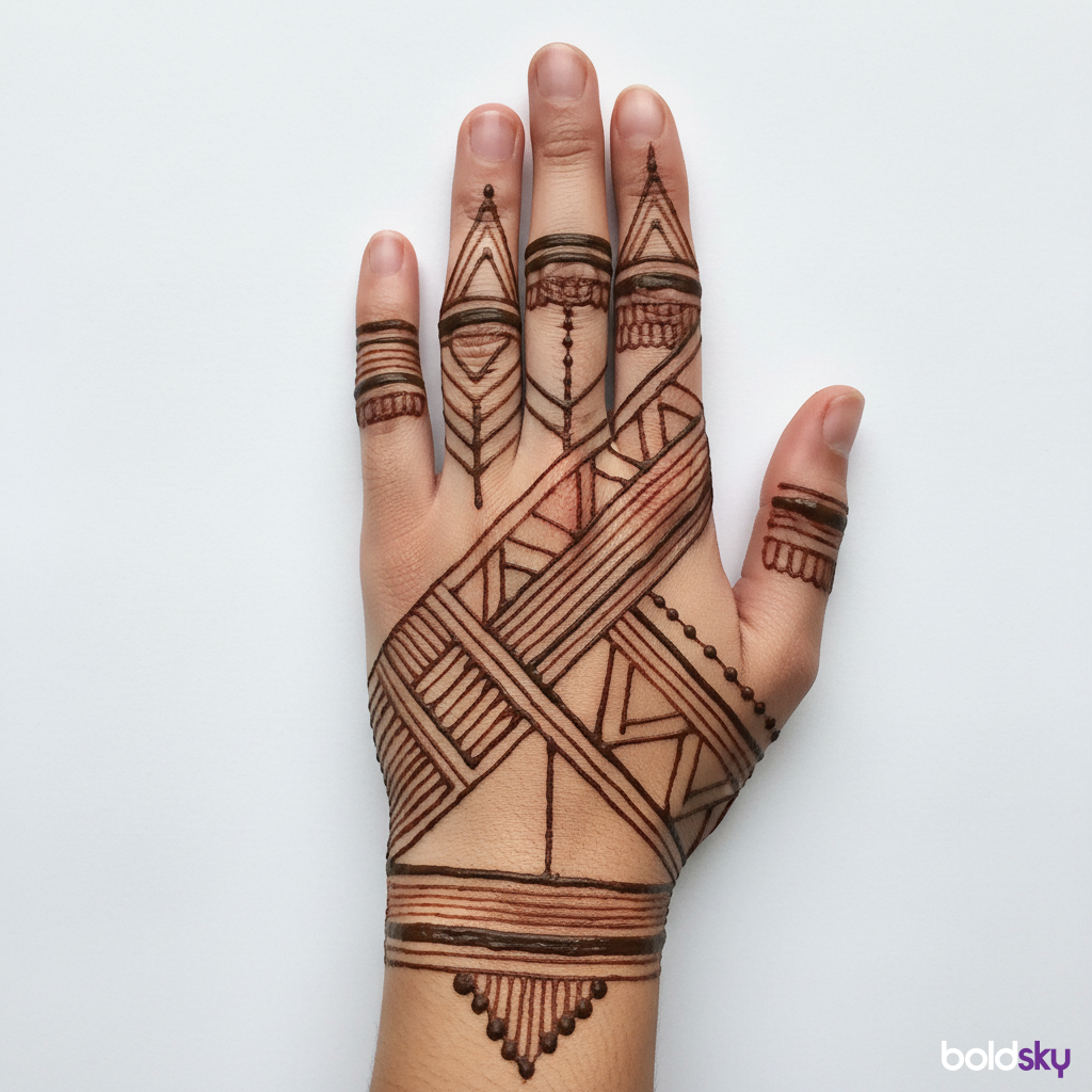 Left hand back geometric modern mehndi.
