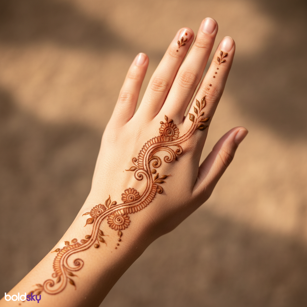 Right hand back side delicate floral vine mehndi.