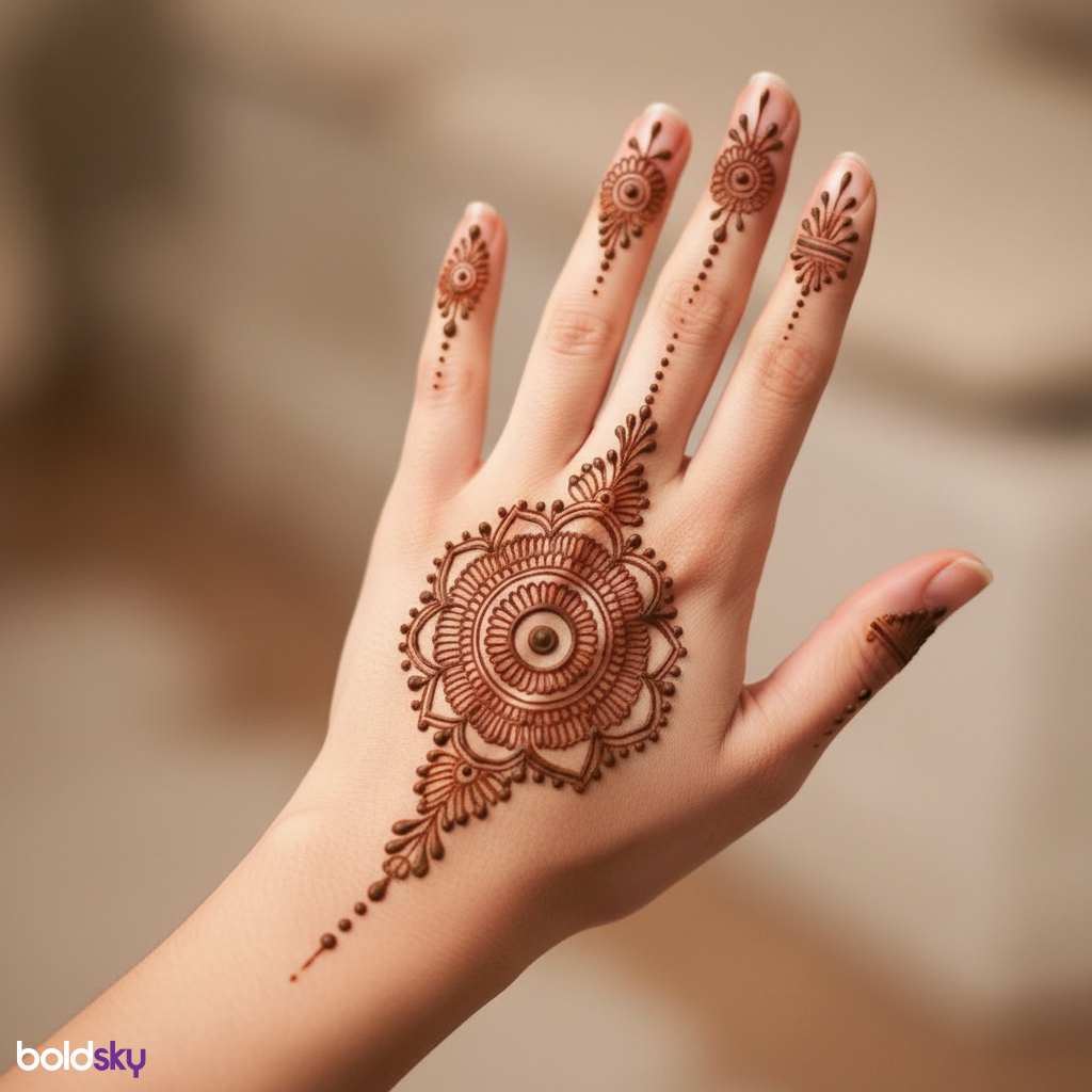 Left hand back side mandala and finger trails mehndi.