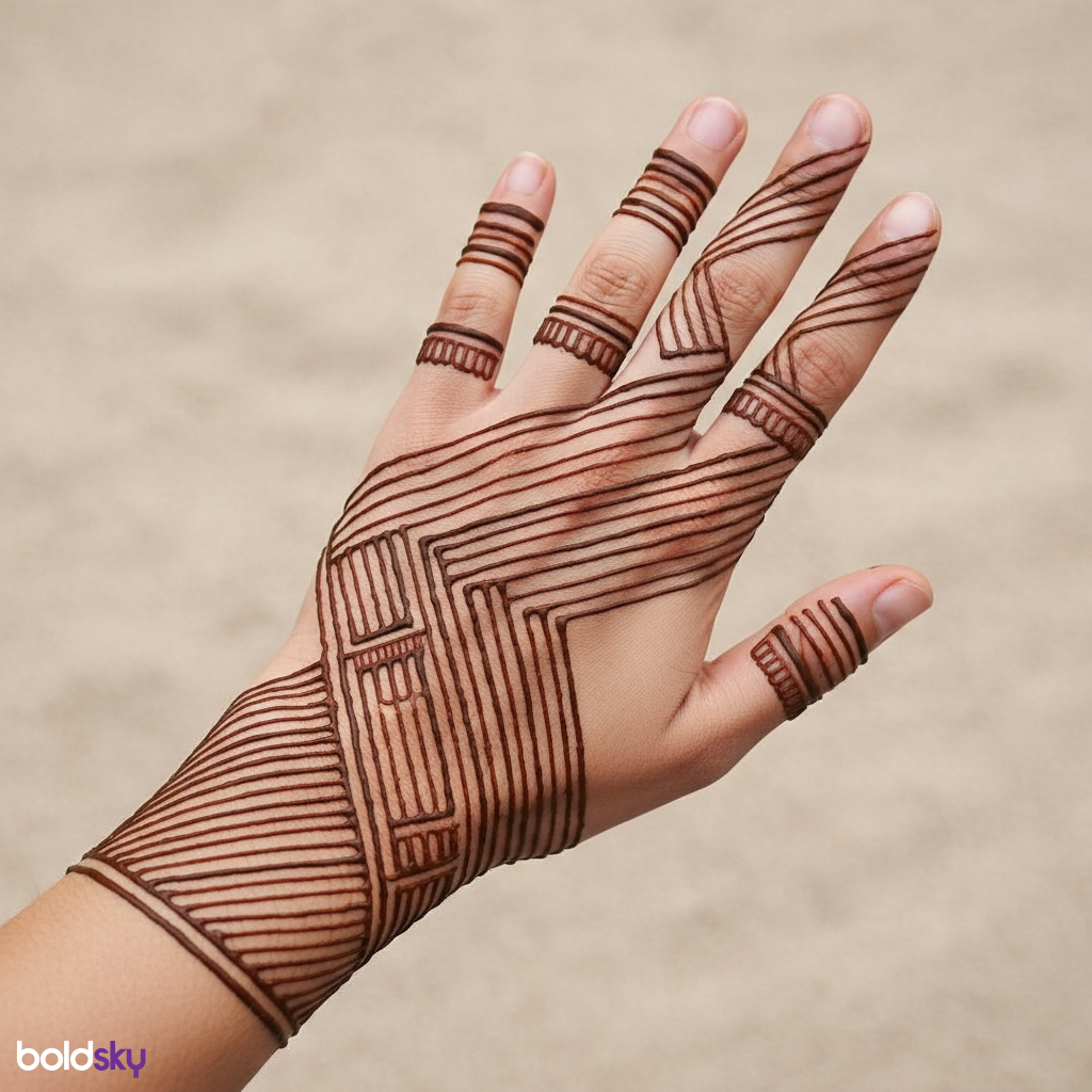 Right hand back side geometric bands mehndi design.