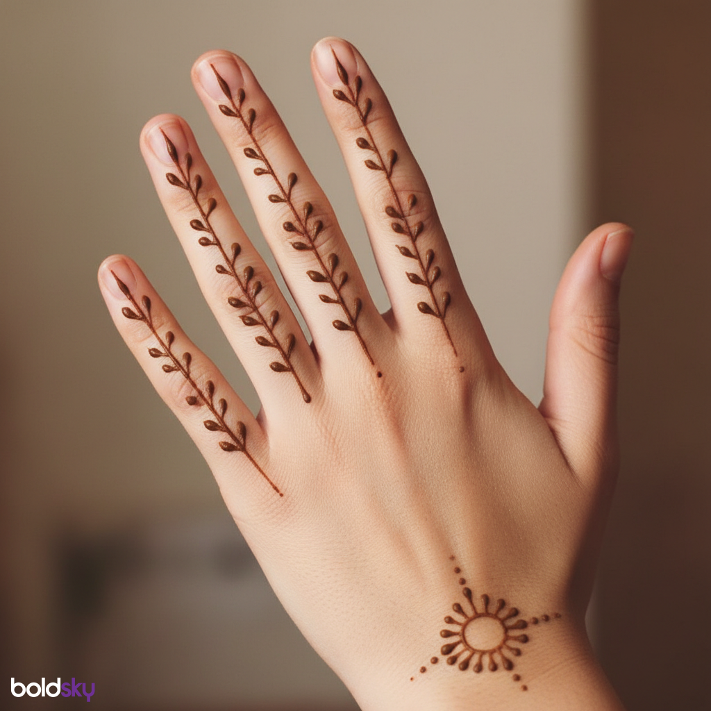 Left hand back side minimalist finger mehndi.