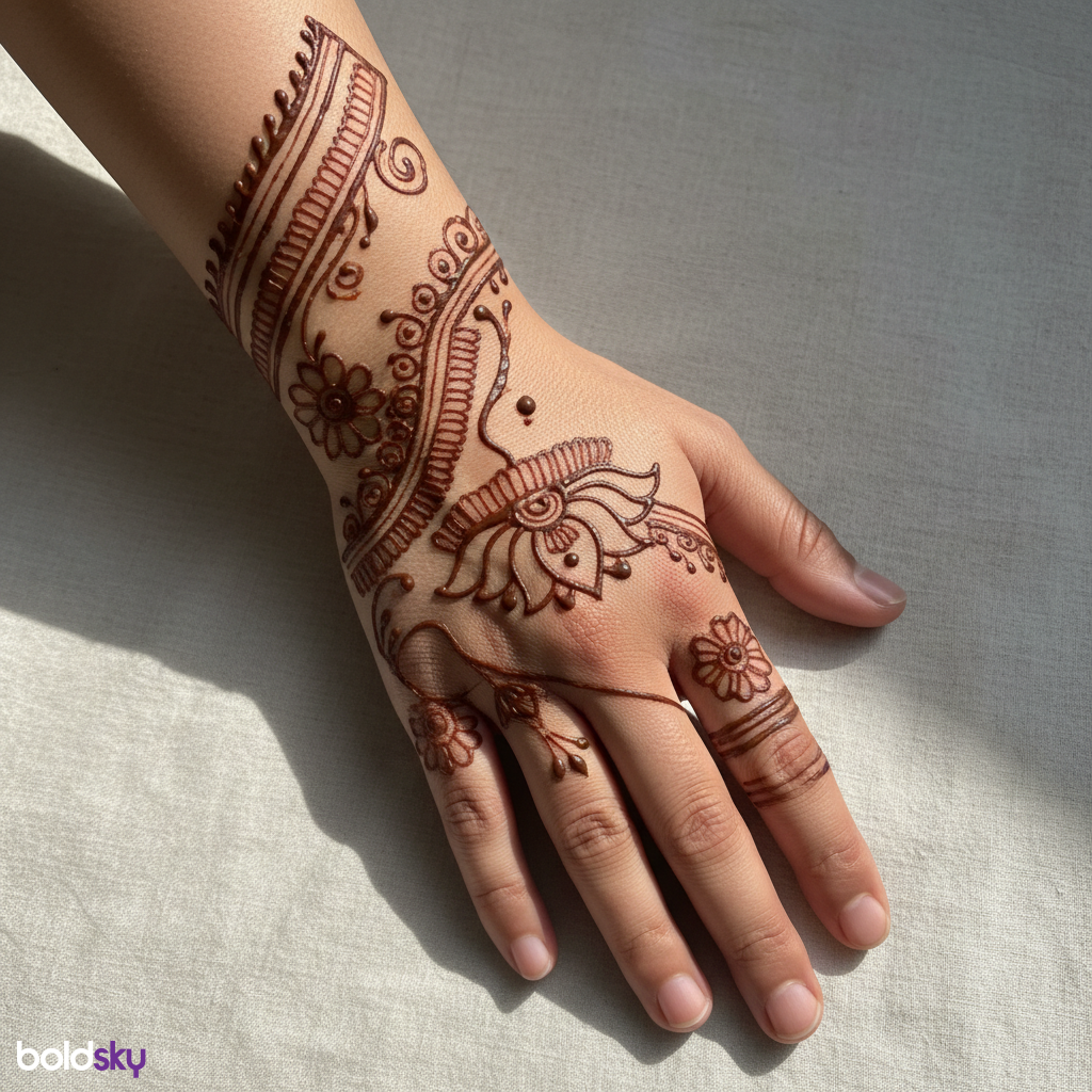 Right hand back side asymmetrical flowing mehndi.