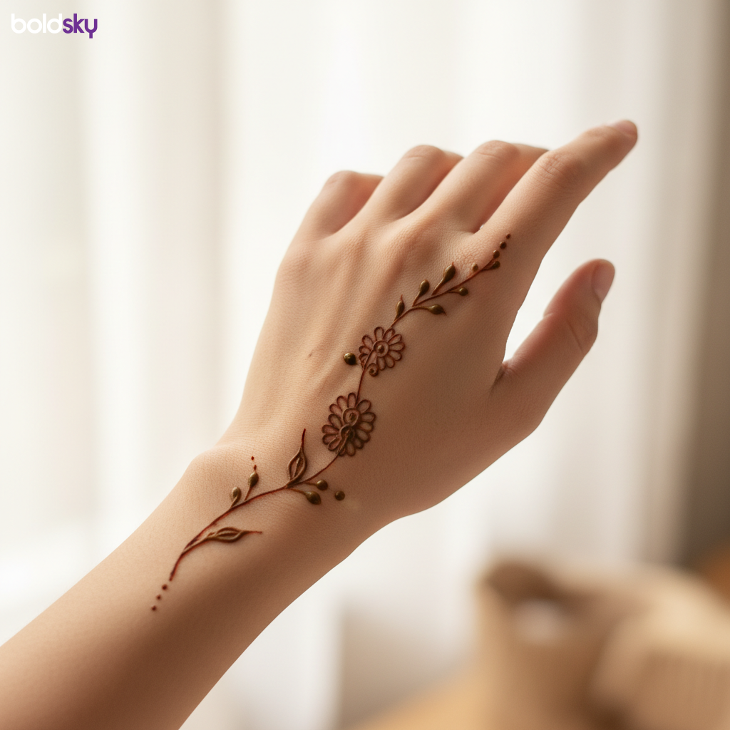 Right hand back minimalist floral mehndi