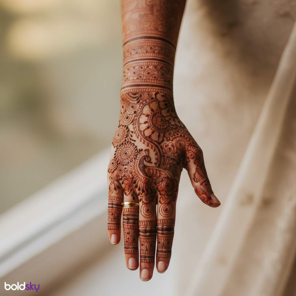 Right hand bridal mehndi, intricate floral pattern.