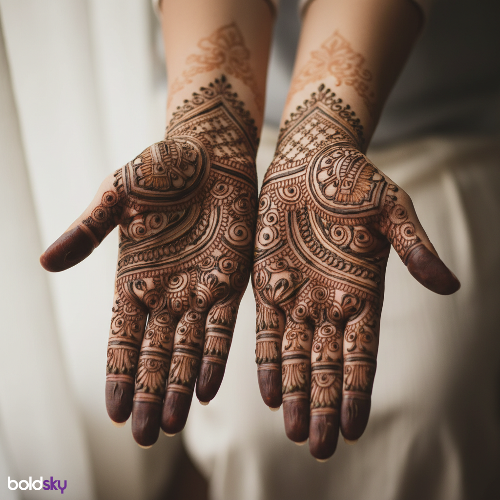 Both palms matching symmetrical mehndi design.