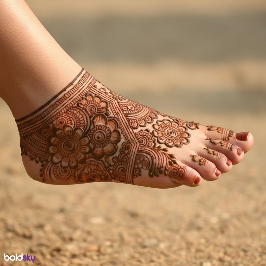 Right foot traditional mehndi, ankle to toes.