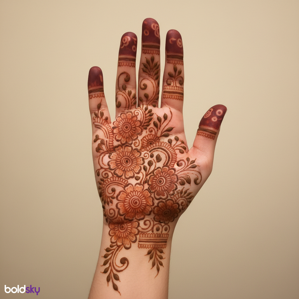 Right palm intricate floral mehndi design.