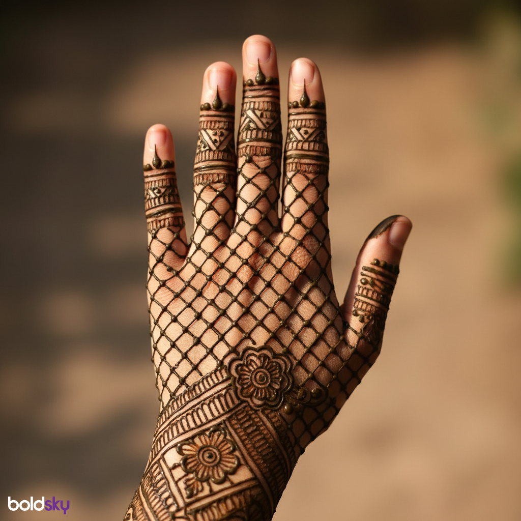 Left back hand detailed jaali mehndi.