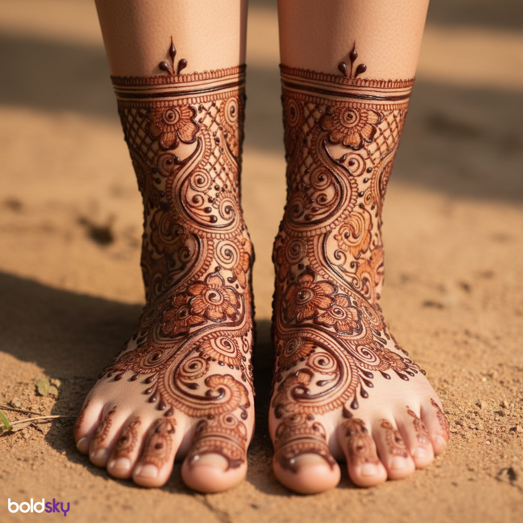 Both feet matching mehndi, extending ankles.