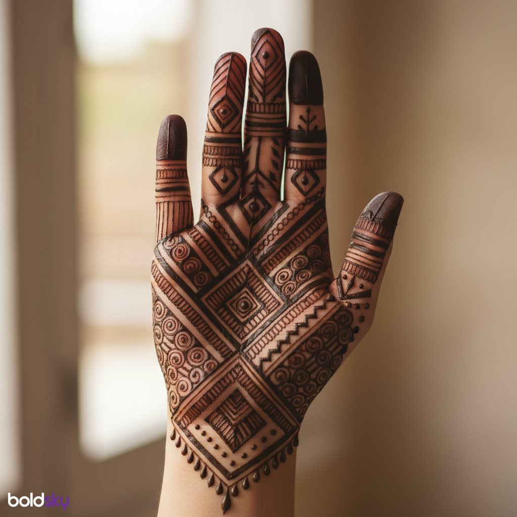 Right palm geometric contemporary mehndi.