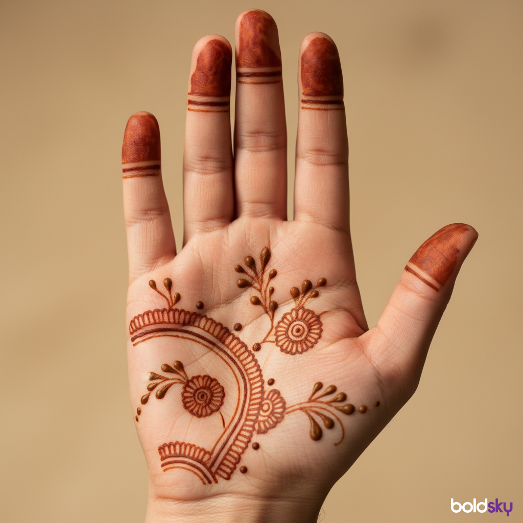 Simple floral mehndi on right palm.
