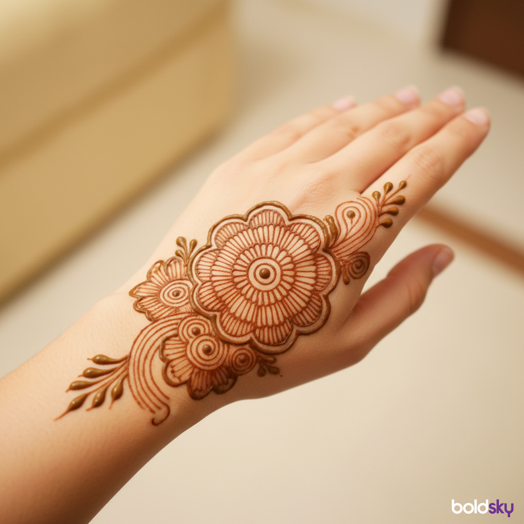 Minimalist paisley mehndi on back of left hand.