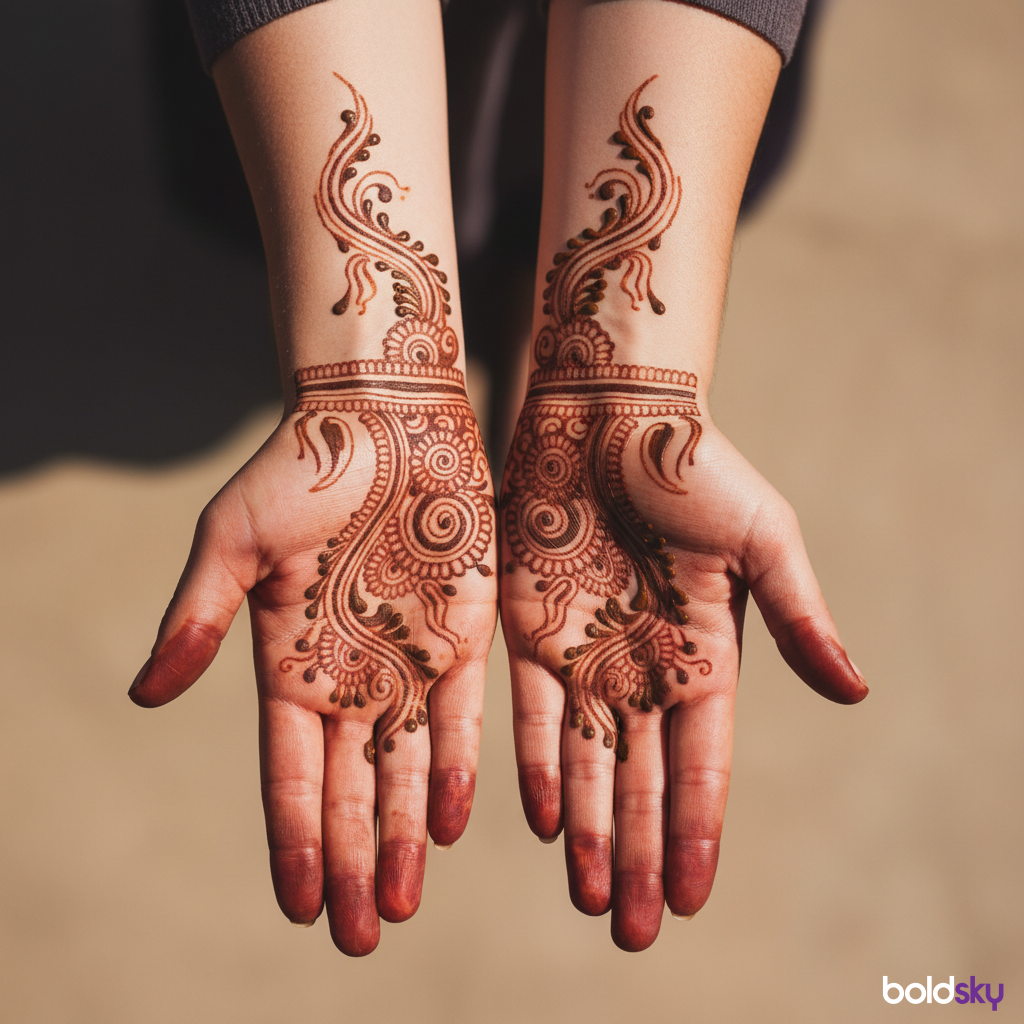 Matching simple mandala mehndi on both palms.