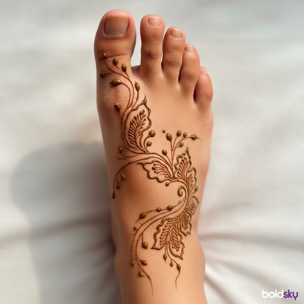 Simple vine mehndi on top of right foot.