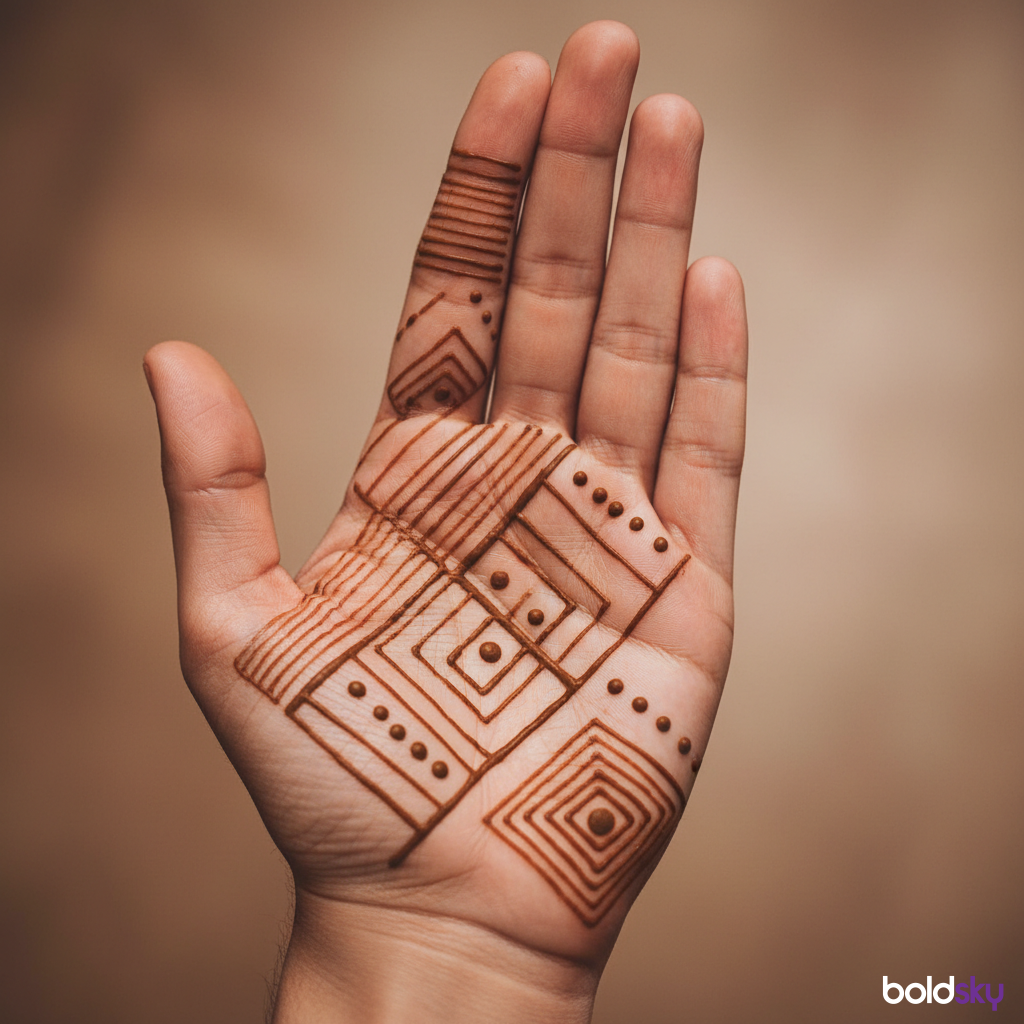 Geometric mehndi design on left palm.