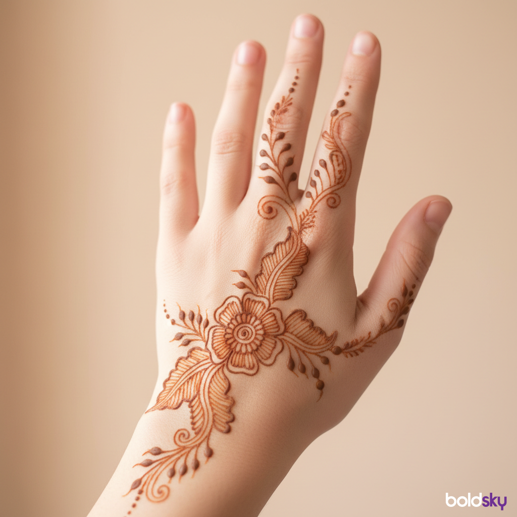 Simple floral mehndi on back of right hand.