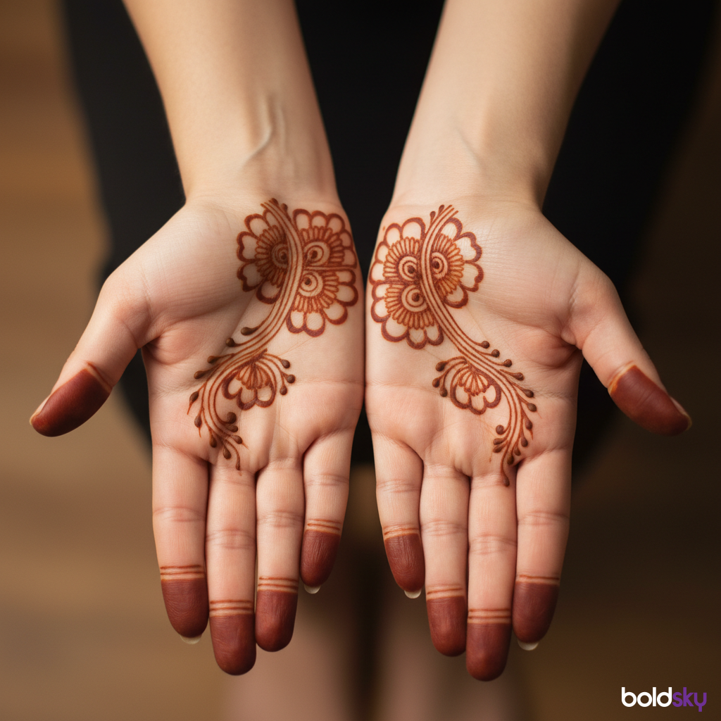 Matching simple vine mehndi on both hand backs.