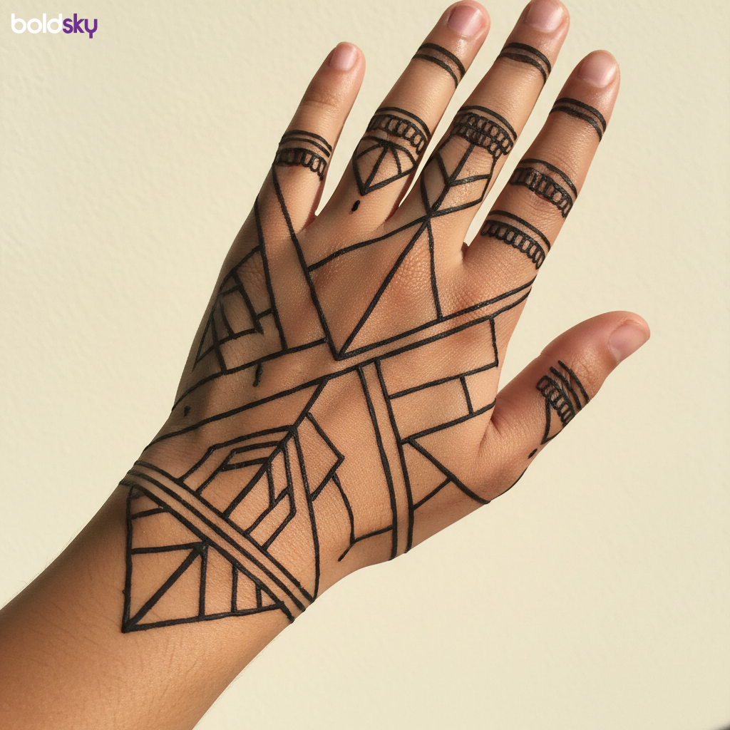 Back of left hand geometric mehndi design
