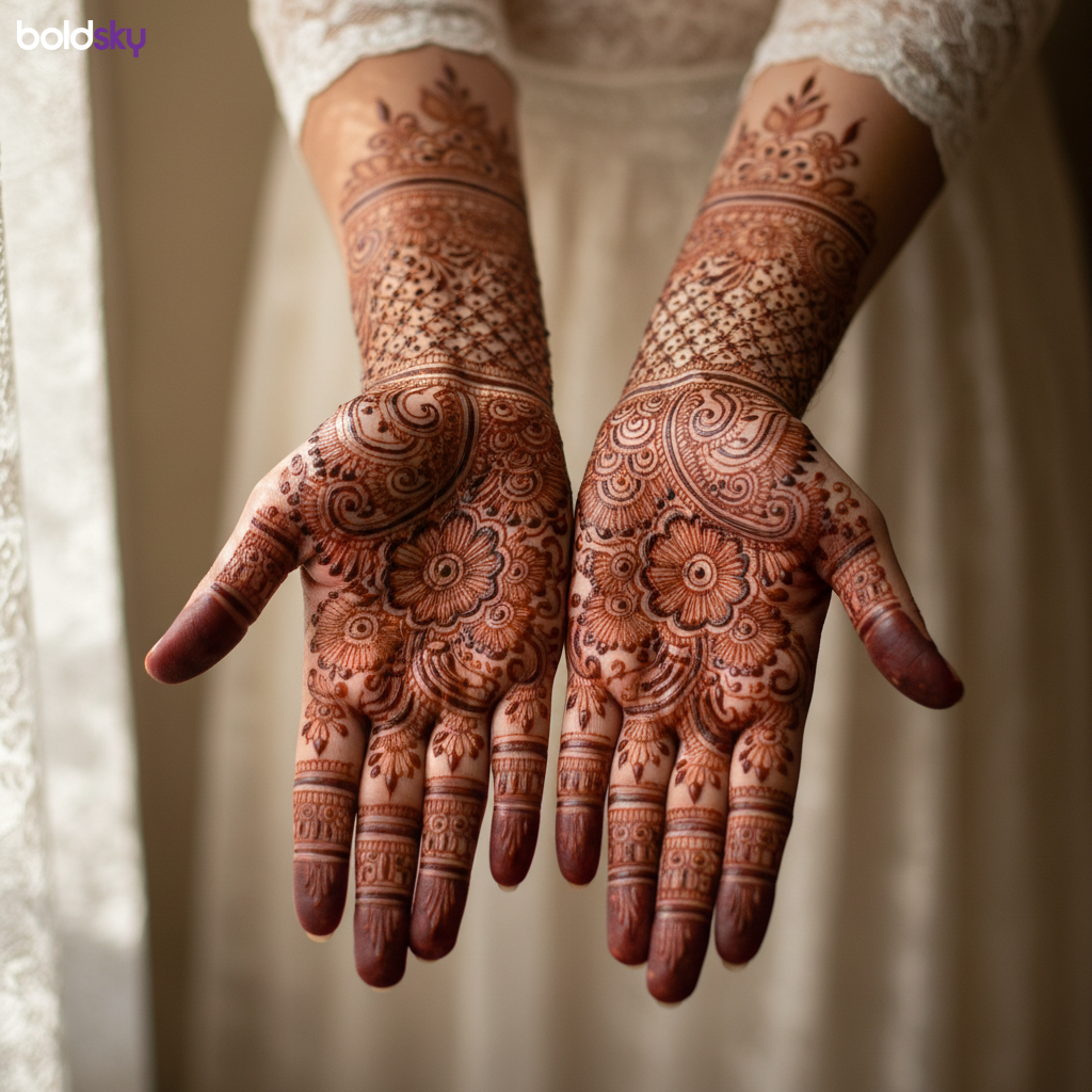 Close-up of both palms with dense bridal mehndi.