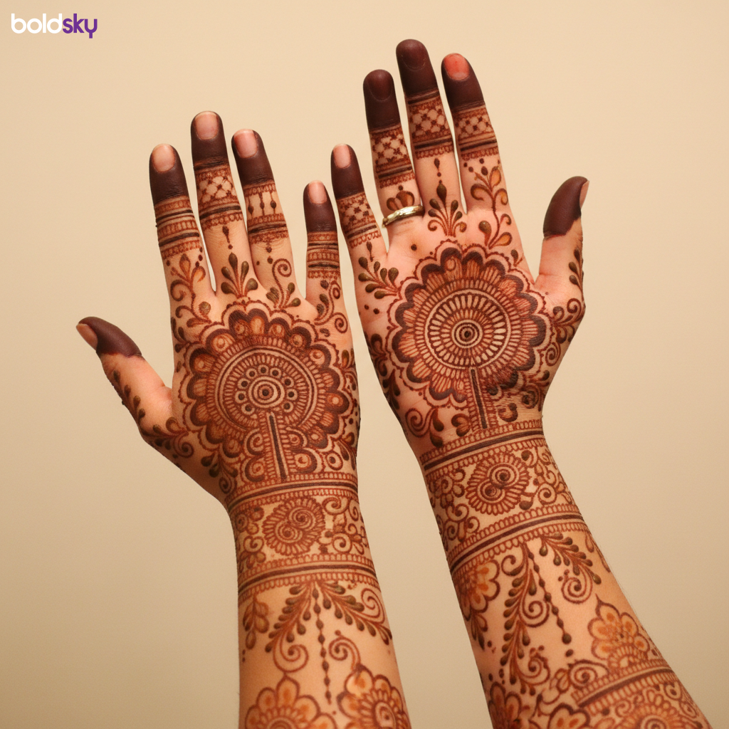 Back of both hands with intricate bridal mehndi.