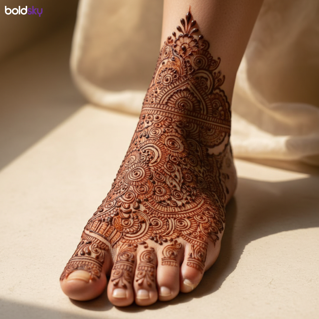 Left foot and ankle with elaborate bridal mehndi.