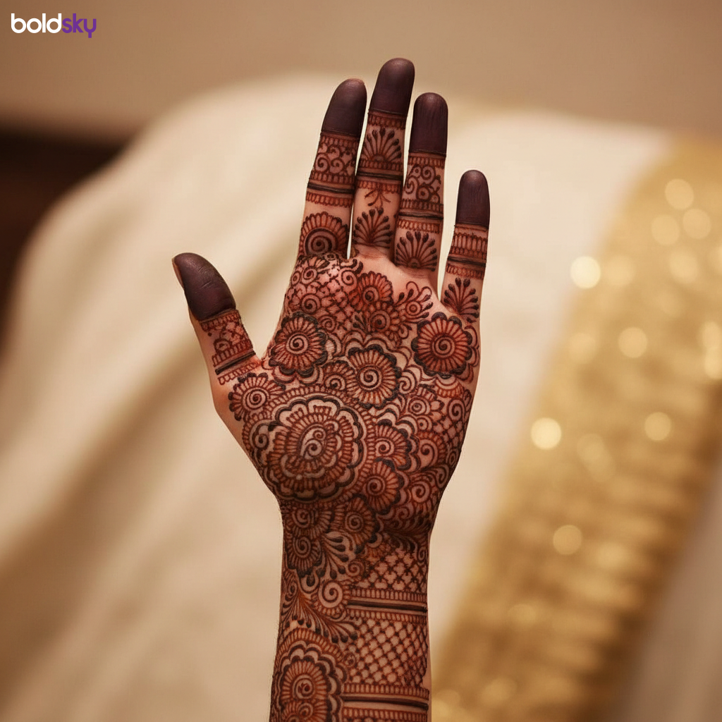 Left palm with highly detailed bridal mehndi.