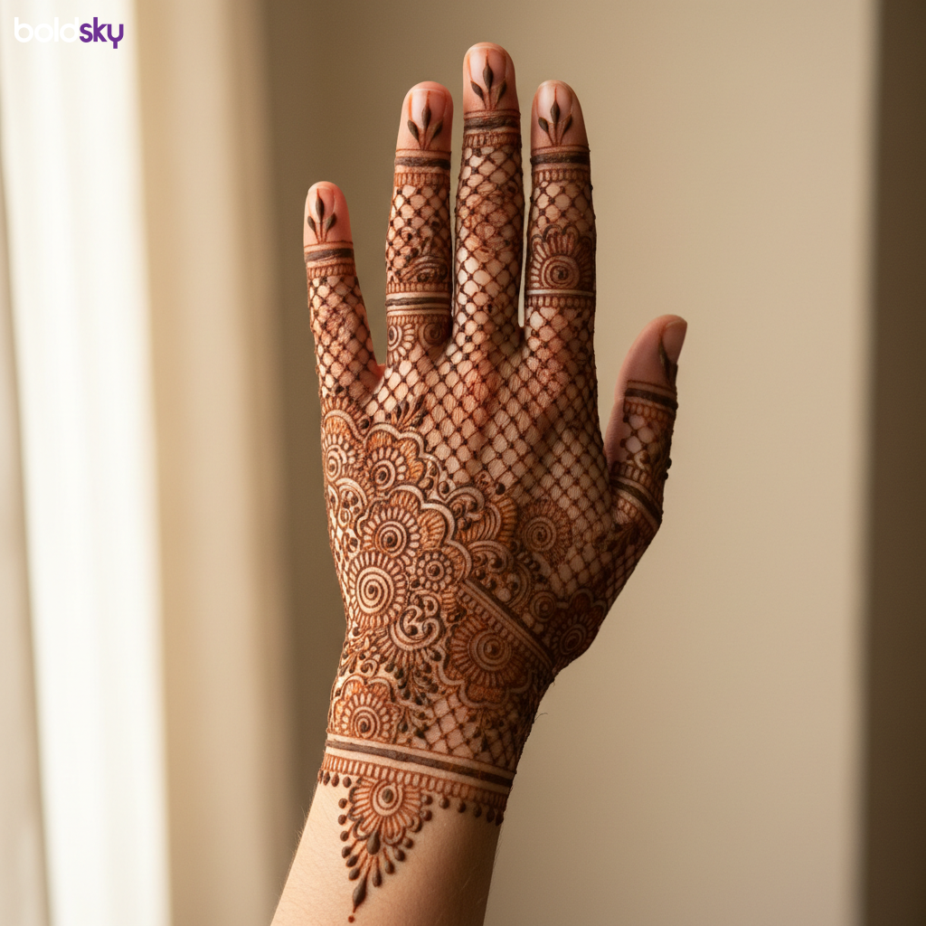 Back of left hand with delicate bridal mehndi.