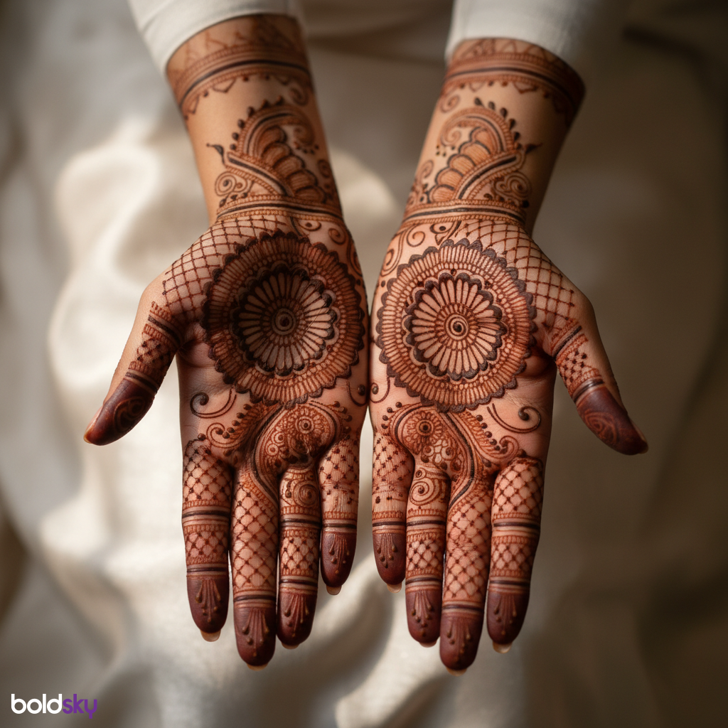 Both palms with intricate bridal mehndi design.