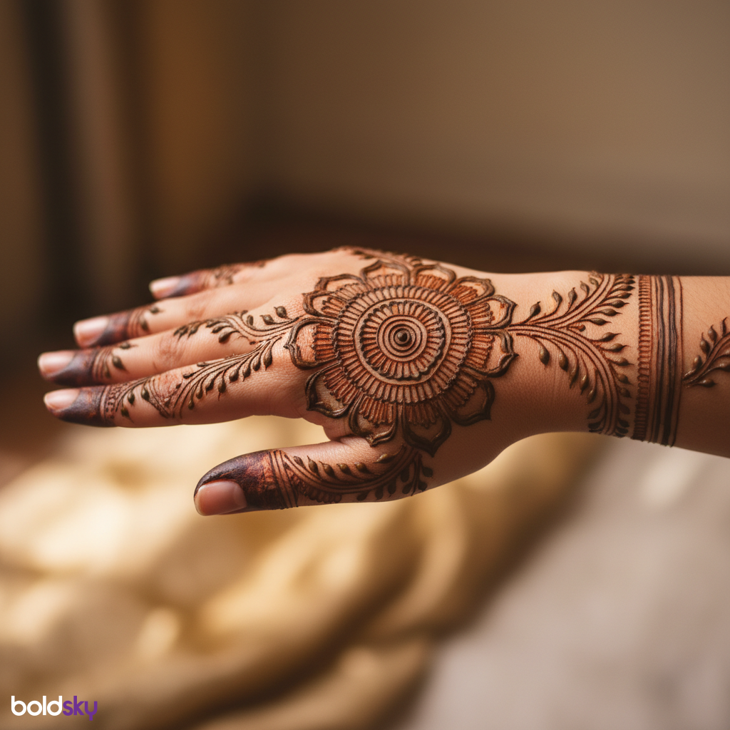Back of right hand bridal floral mehndi.