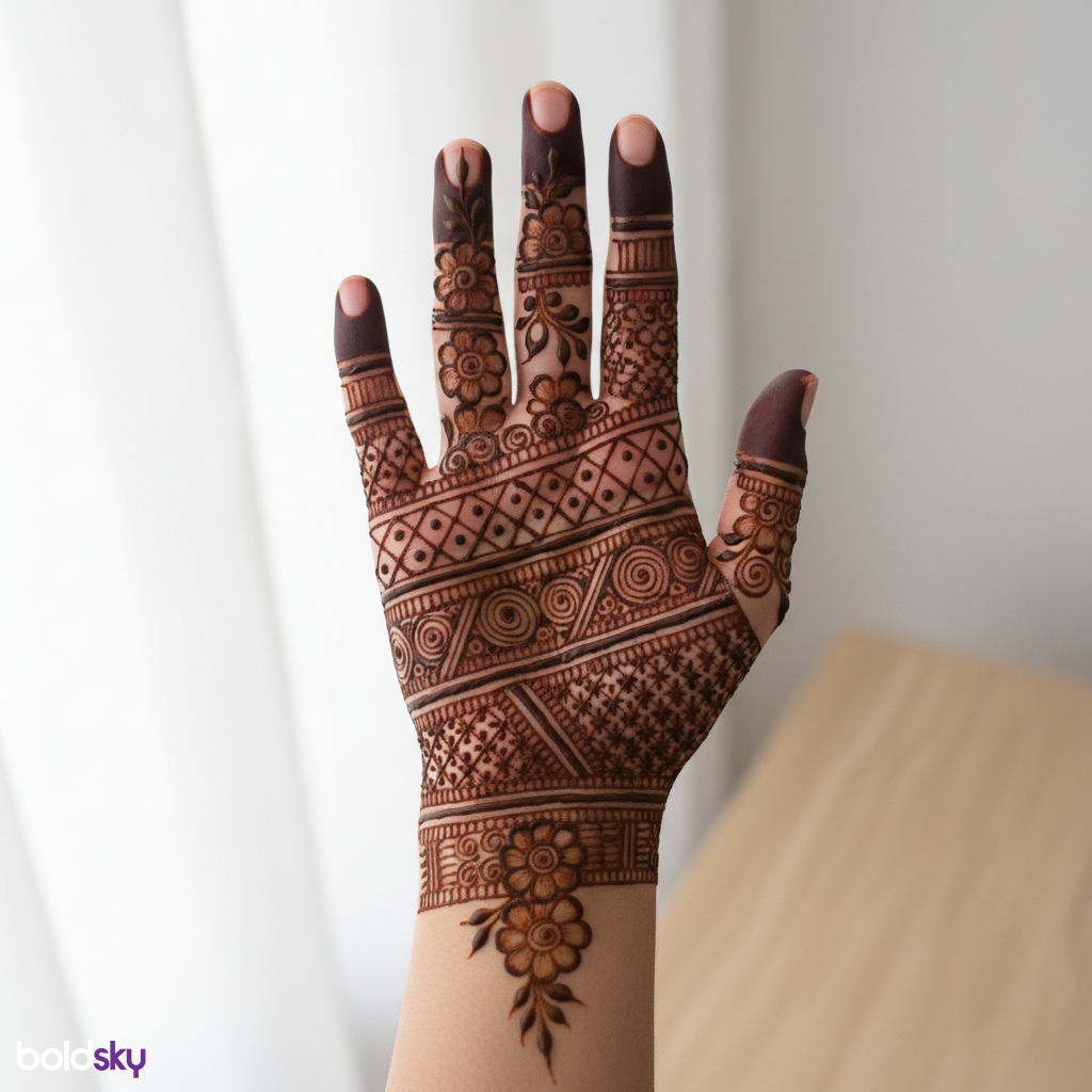 Back of right hand geometric bridal mehndi.