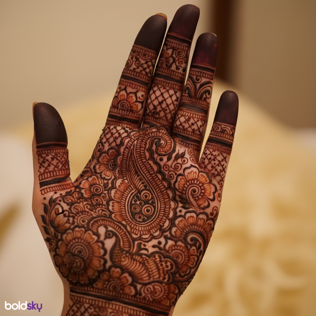 Left palm dense traditional bridal mehndi.