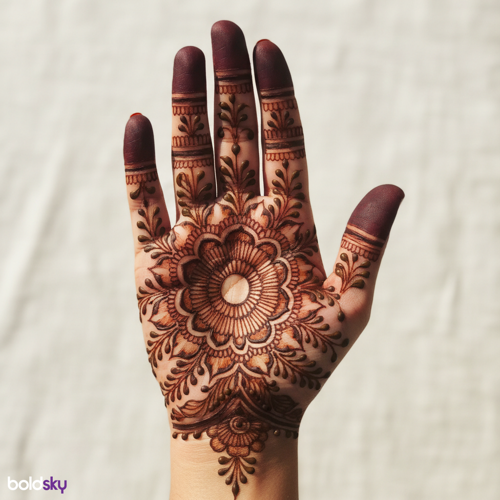 Right palm elegant bridal mehndi design.