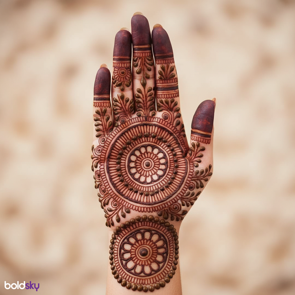 Right hand palm circular mandala mehndi.